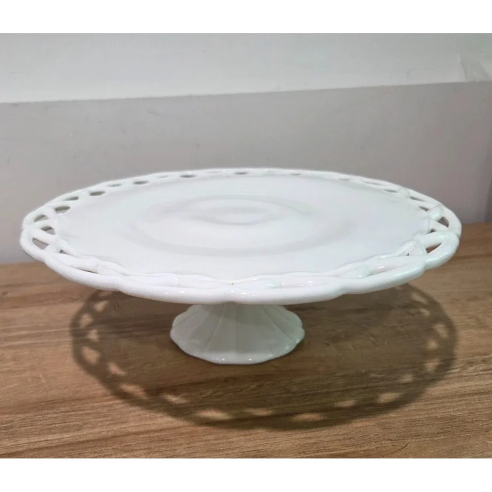 Vintage Colony White Milk Glass Cake Stand Lace Edge 14''